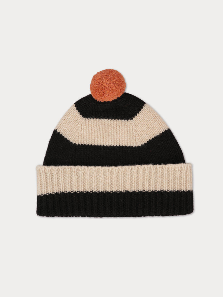 black and cream striped beanie with pinky orange pompom