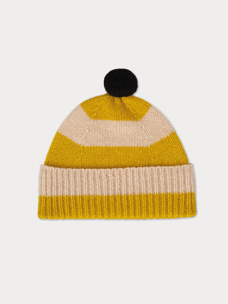yellow and cream striped beanie with black pompom