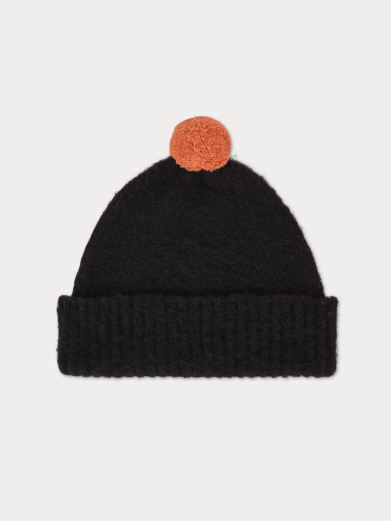 black beanie with pinky orange pompom