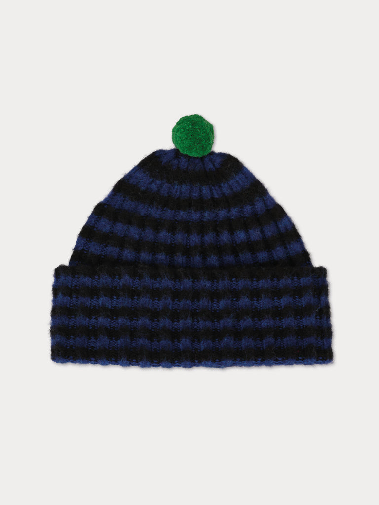black and blue striped beanie with green pompom