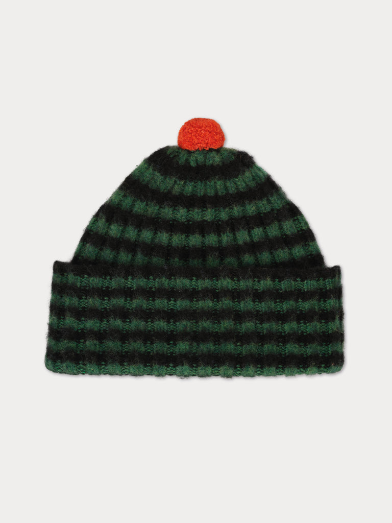 black and green striped beanie with orange pompom