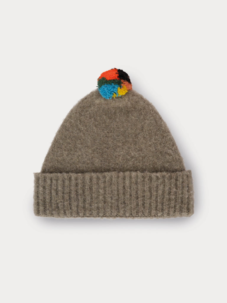 grey beanie with multicolour pompom