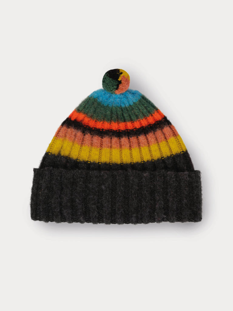 Multicoloured striped beanie with a black base and multicoloured pompom