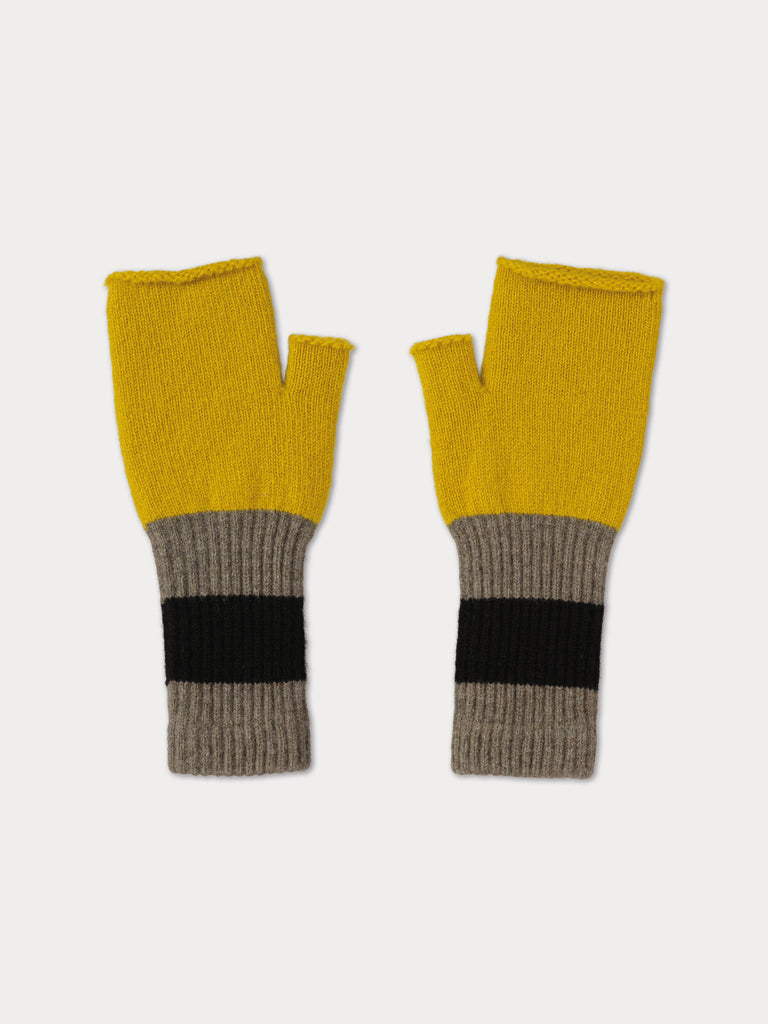 Pair of mustard yellow and gray fingerless mittens