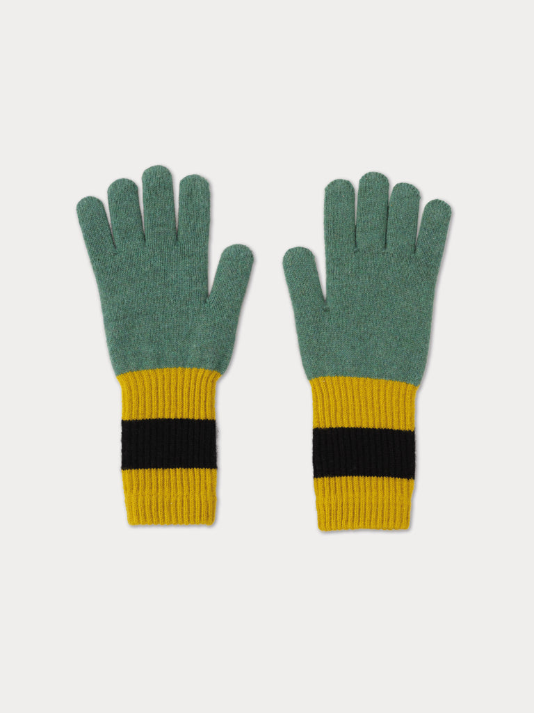 Pair of green gloves with mustard yellow and black accents 