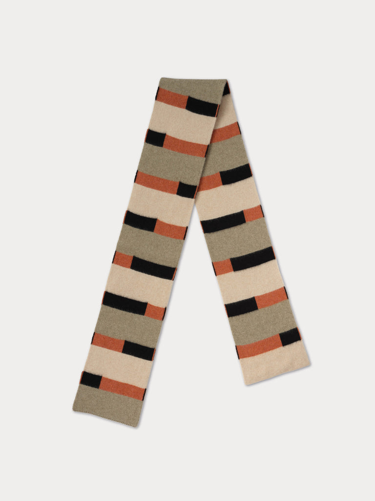 scarf with broken stripes of rust, black, grey/green and cream