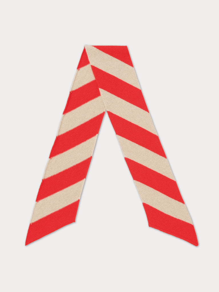 cream scarf with diagonal red stripes