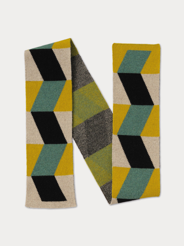 cream and yellow scarf with geometric blue and black zig zag pattern