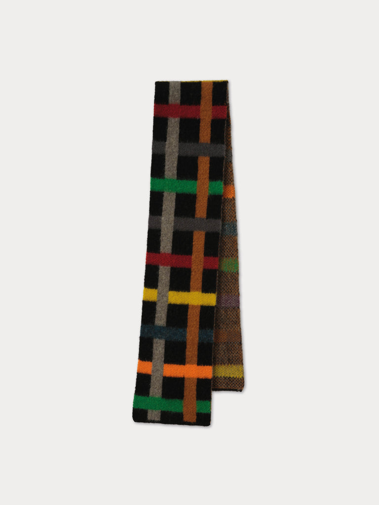 black scarf with multicolour interwoven stripe pattern