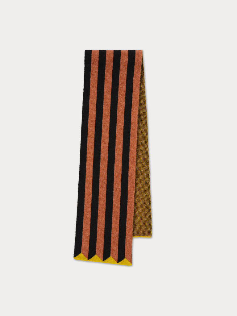 black and orange/pink striped scarf with yellow triangles on the bottom edges